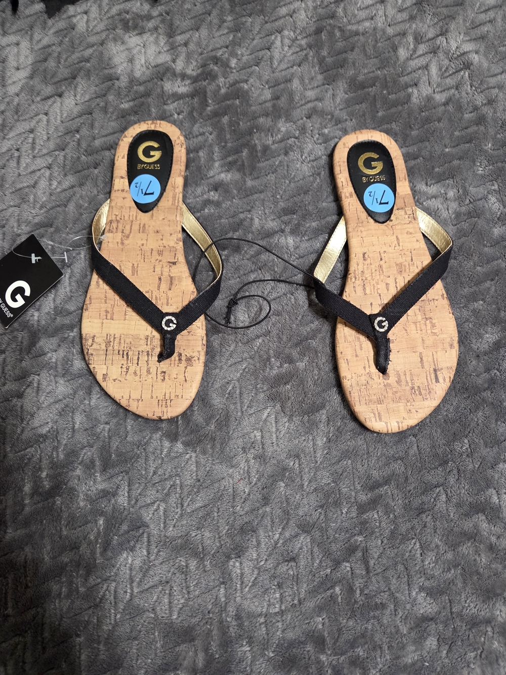 GUESS Black and Gold Cork-Textured Women’s Flip Flop Sandals